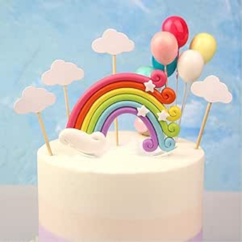 Rainbow with clouds and colorful balloons party cake topper brand new